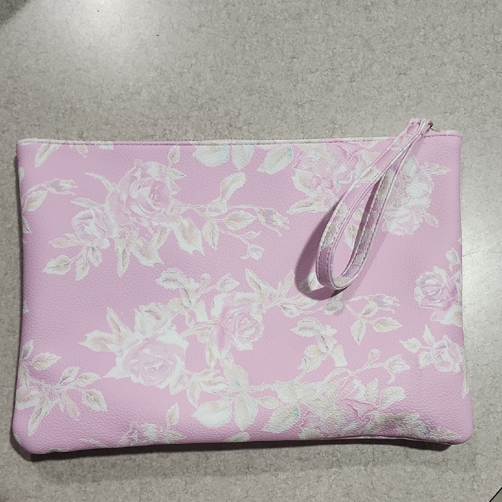 LoveShackFancy/ Supergoop  Pink and White Cosmetic Bag with Floral Pattern